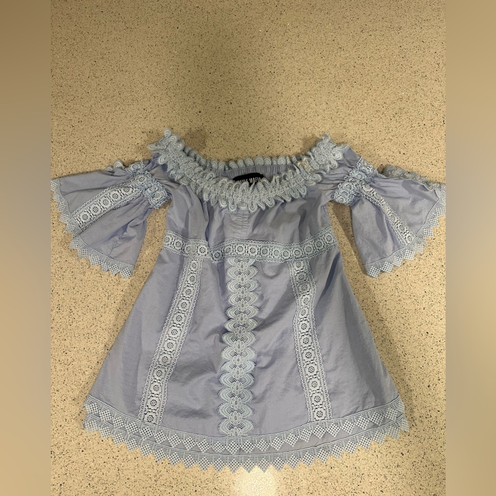Style Mafia Blue Lace Trim Top Bell Sleeves Off Shoulder XS